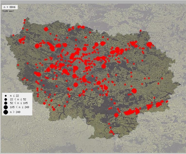 Carte des observations de Chevalier guignette en Île-de-France de 2010 à 2019 (issue de Faune Île-de-France)